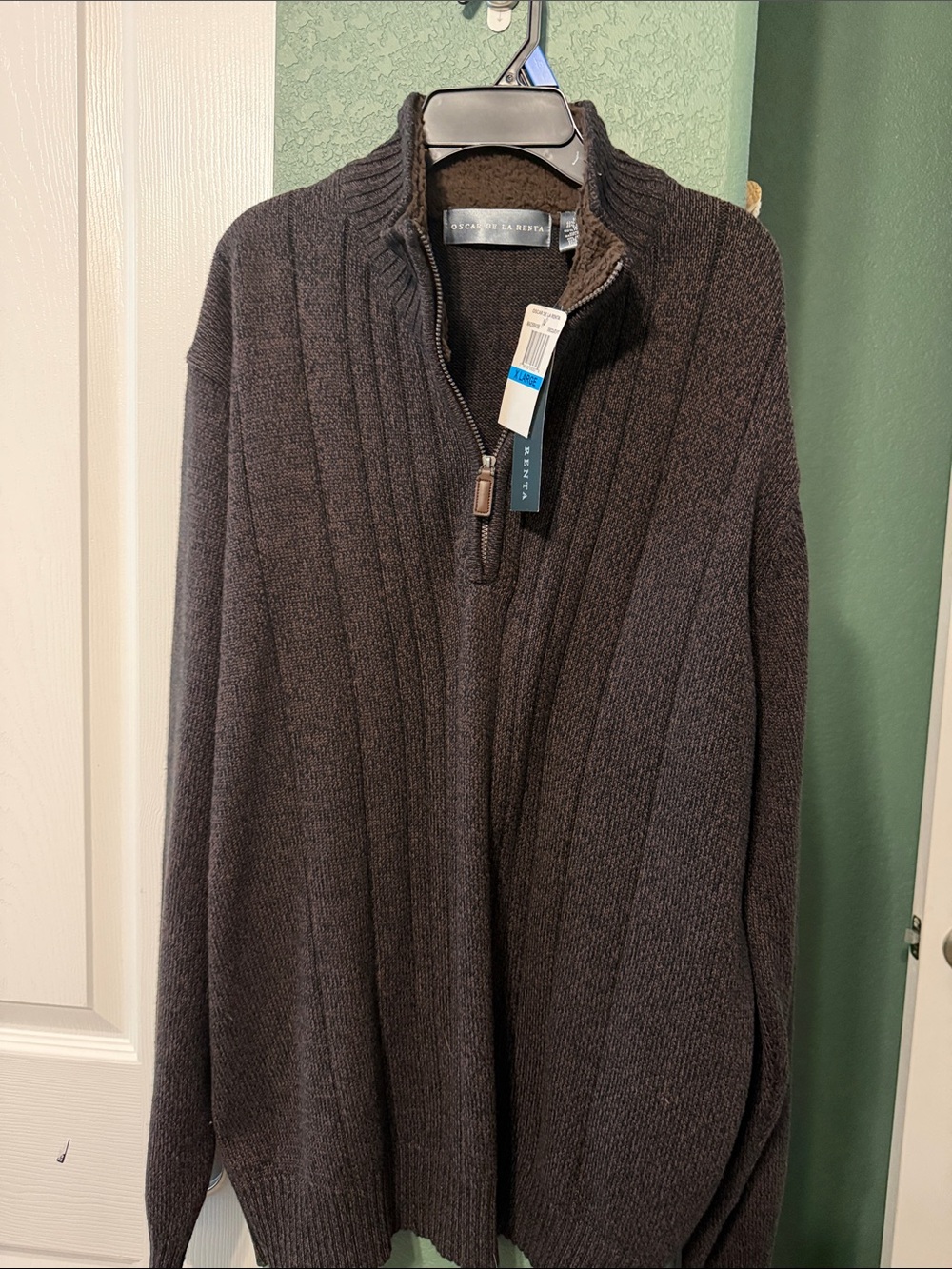 Oscar de la Renta Brown Ribbed Half-Zip Sweater